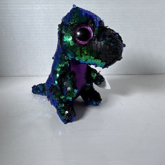 Beanie Boos Crunch The Dinosaur Flip Sequins Purple/Green/Black Sparkly Eyes 7" - Picture 1 of 7
